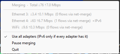 Menu: the total, each adapter's speed and connections, the IPv6 option, Pause merging and Quit