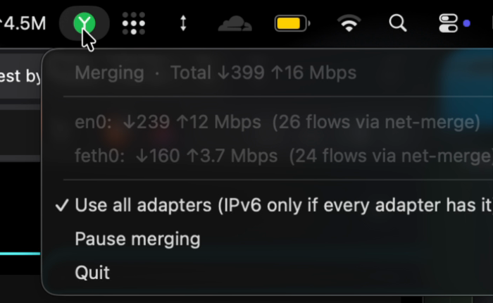 macOS menu: total 399 Mbit/s, en0 and feth0 each with their connections, Pause merging and Quit